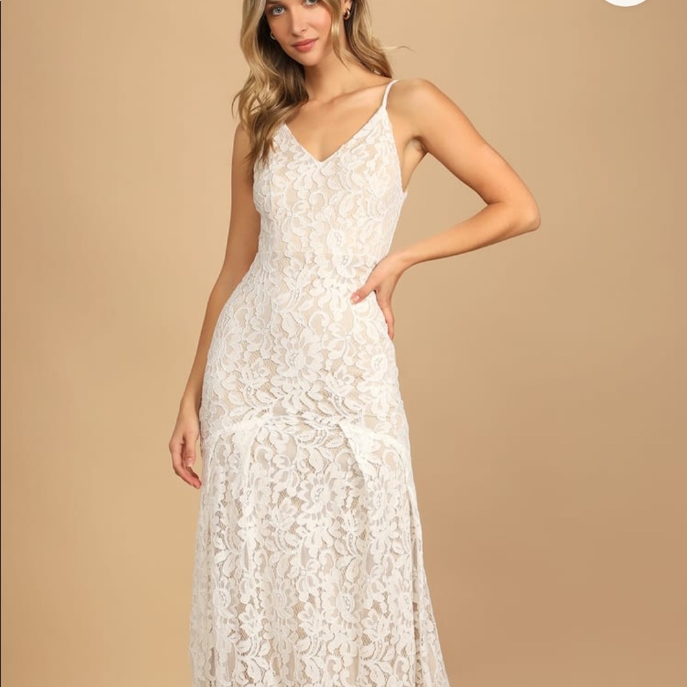 Lulu’s Flynn White Lace Maxi Dress